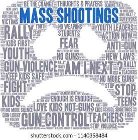 Mass Shootings word cloud on a white background. 