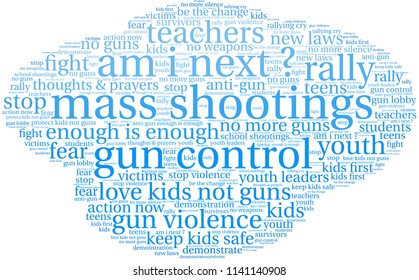 Mass Shootings word cloud on a white background. 