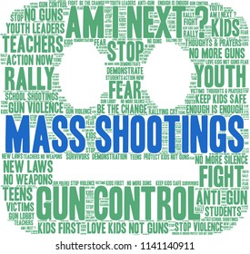 Mass Shootings word cloud on a white background. 