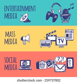 Mass social media entertainment horizontal hand drawn banner set isolated vector illustration