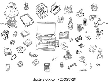 mass of stuff and gadgets - cartoon
