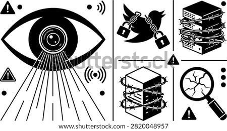 Mass Surveillance and Digital Censorship Vector Icon Set Featuring Big Brother Spy Eye, Chained Social Media Bird, Barbed Wire Data Servers, and Broken Magnifying Glass Graphics.eps