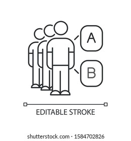 Mass survey linear icon. Focus group. People choose answer. Public opinion evaluation. Voting. Checklist. Thin line illustration. Contour symbol. Vector isolated outline drawing. Editable stroke