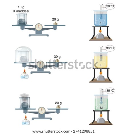 Mass and temperature experiment showing heating process with balance scale measurements and beakers at different temperatures. Educational physics and chemistry laboratory vector illustration.