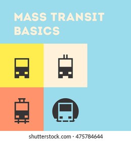 Mass Transit Icon Set. Collection Of Four Public Transportation Basic Icons. Bus, Trolleybus, Tram (LRT), Rapid (BRT, Metropolitan, Subway, Tube, Underground). Front View, Uniform, Material Style.