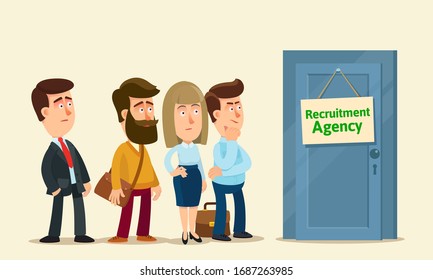 Mass Unemployment. A Queue Of Unemployed People Near The Door Of An Employment Agency. Labour Market Crisis, Mass Layoffs. Business Vector Illustration, Flat Design, Cartoon Style, Isolated Background