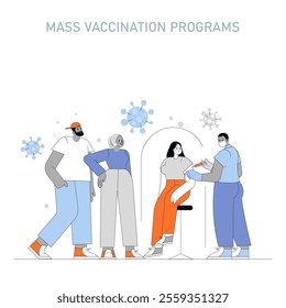 Mass Vaccination Programs concept. People receiving vaccines to combat viral infections. Public health initiative for immunity. Vector illustration.