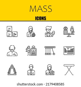 Set mit Vektorgrafik-Symbolen für Massenvektorlinien. Periodensystem, Nachrichtenreporter und Nachrichtenreporter Icons. Dünne Linienführung. Modern gestaltete grafische Elemente, einfache Strich-Symbole, Stockillustration