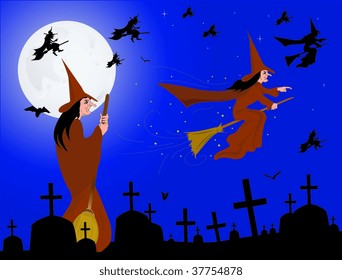 A mass of witches flying over a silent graveyard
