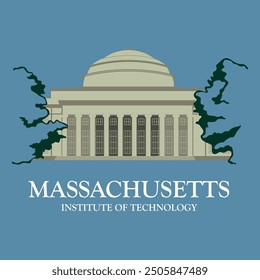 Instituto de Tecnología de Massachusetts Ilustración de edificio arquitectónico principal para imprimir digitalmente en libros, parte posterior del MIT, dibujo educativo, icono gráfico plano, ilustración del MIT, campus universitario