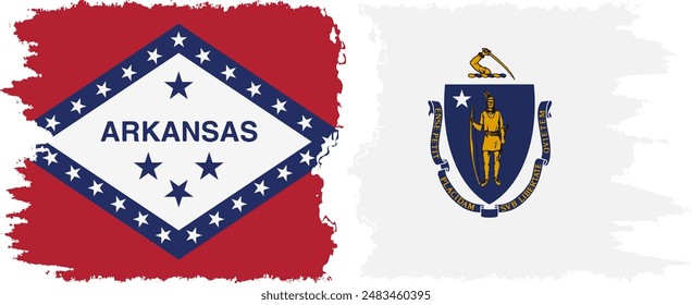 Massachusetts and Arkansas states grunge brush flags connection, vector