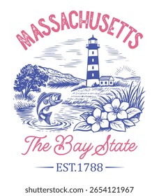 Massachusetts The Bay State - Estados Unidos Cityscape T-shirt Vetor, Ícones americanos de referência, Vintage States Cityscape Shirt, Retro Travel City Art, Estados Citações de referência, Estado de férias ilustração
