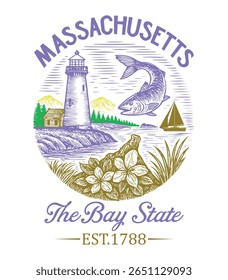 Massachusetts The Bay State - US State Vintage T-shirt Vector, USA States Cityscape Landmark Icons, American State Typography Shirt, USA Skyline Clipart, Retro travel city illustration