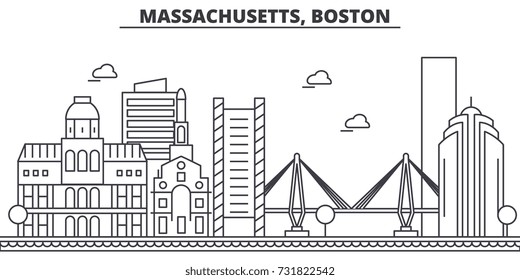 Massachusetts, Boston architecture line skyline illustration. Linear vector cityscape with famous landmarks, city sights, design icons. Landscape wtih editable strokes