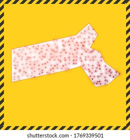 Massachusetts closed - virus danger sign. Lock down US state icon. Black striped border around map with virus spread concept. Vector illustration.