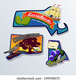 Massachusetts, Connecticut, Rhode Island retro state facts Illustrations