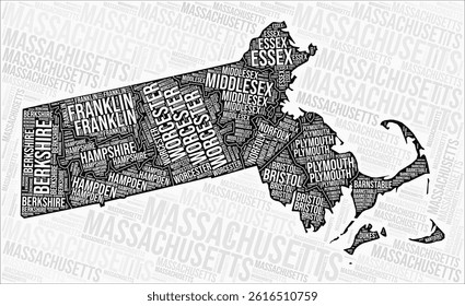 Massachusetts counties map word cloud. Massachusetts region names. Black and white map design. Trending vector illustration.