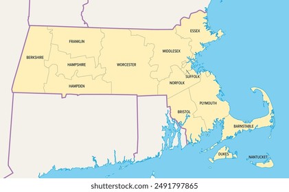 Massachusetts counties, political map. Commonwealth of Massachusetts, a state in the New England region of Northeastern United States, subdivided into 14 counties. With boundaries and county names.