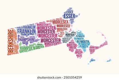 Massachusetts counties word cloud. State logo design. Counties typography style vector image. Massachusetts colored text cloud. Artistic vector illustration.