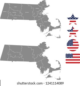 Massachusetts county map vector outline in gray background. Massachusetts state of USA map with counties names labeled and United States flag icon vector illustration designs