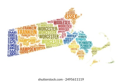 Massachusetts county word cloud. State shape design. Massachusetts colored illustration. County names collage cloud. Vector illustration.