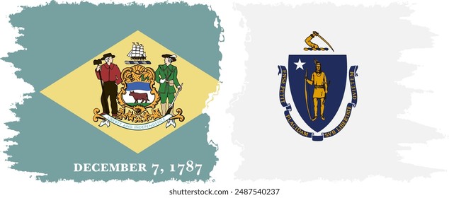 Massachusetts and Delaware states grunge brush flags connection, vector