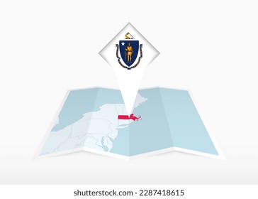 Massachusetts is depicted on a folded paper map and pinned location marker with flag of Massachusetts. Folded vector map.