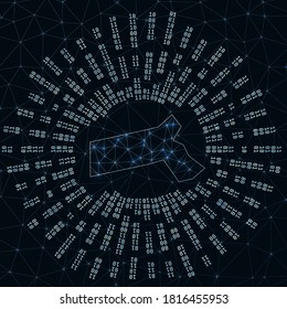 Massachusetts digital map. Binary rays radiating around glowing US state. Internet connections and data exchange design. Vector illustration.