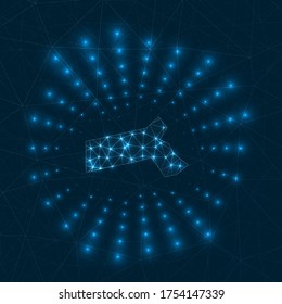 Massachusetts digital map with glowing rays radiating from the US state. Network connections and telecommunication design. Vector illustration.