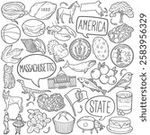Massachusetts Doodle Icons Black and White Line Art. USA State Clipart Hand Drawn Symbol Design.