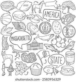 Massachusetts Doodle Icons Black and White Line Art. USA State Clipart Hand Drawn Symbol Design.