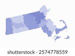 Massachusetts dotted map. Digital style map of the state on white background. Massachusetts shape with square dots. Colored dots style. Small size squares. Simple vector illustration.