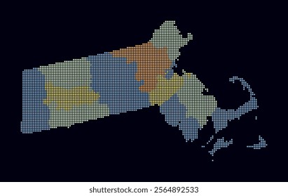 Massachusetts dotted map. Digital style map of the state on a dark background. Massachusetts shape with square dots. Colored dots style. Small size squares. Plain vector illustration.