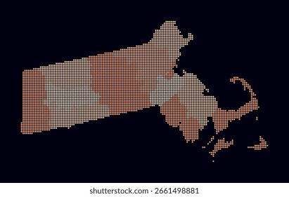Mapa punteado de Massachusetts. Mapa de estilo digital del estado sobre fondo oscuro. Forma de Massachusetts con puntos circulares. Estilo de puntos de colores. Círculos de tamaño Pequeño. Ilustración vectorial Abstractas.