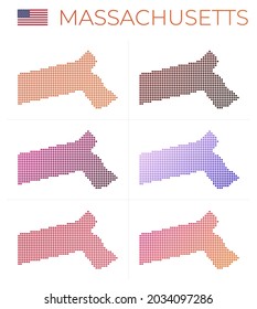 Massachusetts dotted map set. Map of Massachusetts in dotted style. Borders of the US state filled with beautiful smooth gradient circles. Classy vector illustration.