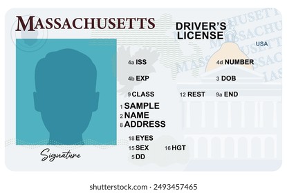 Die Lizenz des Fahrers von Massachusetts ist auf weißem Hintergrund isoliert. Lizenz des Personentreibers