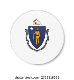 Massachusetts flag circle button icon, US state round badge with shadow. 3D realistic vector illustration isolated on white.