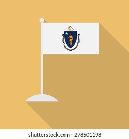 Massachusetts flag with flagpole flat icon with long shadow. Vector illustration EPS10