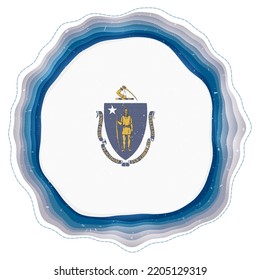 Massachusetts flag in frame. Badge of the US state. Layered circular sign around Massachusetts flag. Cool vector illustration.