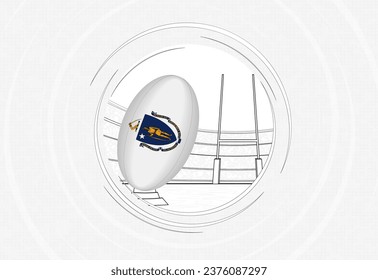 Massachusetts flag on rugby ball, lined circle rugby icon with ball in a crowded stadium. Vector sport emblem on abstract background.