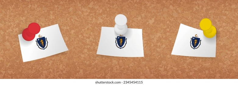 Massachusetts flag pinned in cork board, three versions of Massachusetts flag. Vector pushpins and flag set.