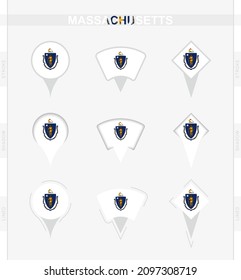 Massachusetts flag, set of location pin icons of Massachusetts flag. Vector illustration of national symbols.