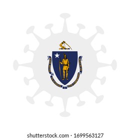 Massachusetts flag in virus shape, symbolizing COVID-19 pandemic.