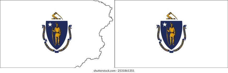 Massachusetts flags vector. Standard flag and with torn edges