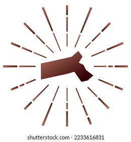 Brote de sol grandioso en Massachusetts. Mapa del estado de estados unidos con coloridos rayos de estrellas. Ilustración de Massachusetts en digital, tecnología, internet, estilo de red. Ilustración vectorial.