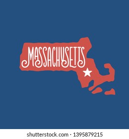 Massachusetts. Hand drawn USA state name inside state silhouette on blue background. Modern calligraphy for t shirt prints, posters, stickers, cards, souvenirs. Vector vintage illustration.