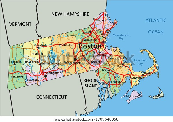 Massachusetts Highly Detailed Editable Political Map Stock Vector ...