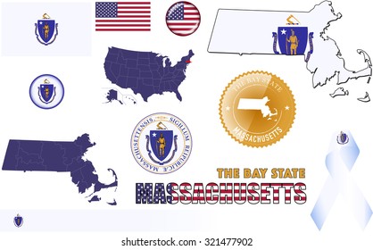 Massachusetts Icons. Set of vector graphic images and symbols representing the US State of Massachusetts.