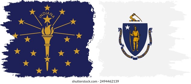 Massachusetts and Indiana states grunge brush flags connection, vector