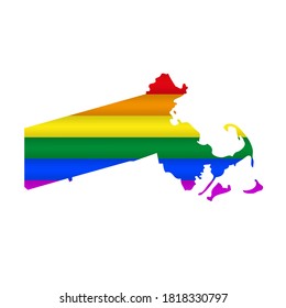 Massachusetts LGBT flag map. Vector illustration. Slightly wavy rainbow gay pride flag map.